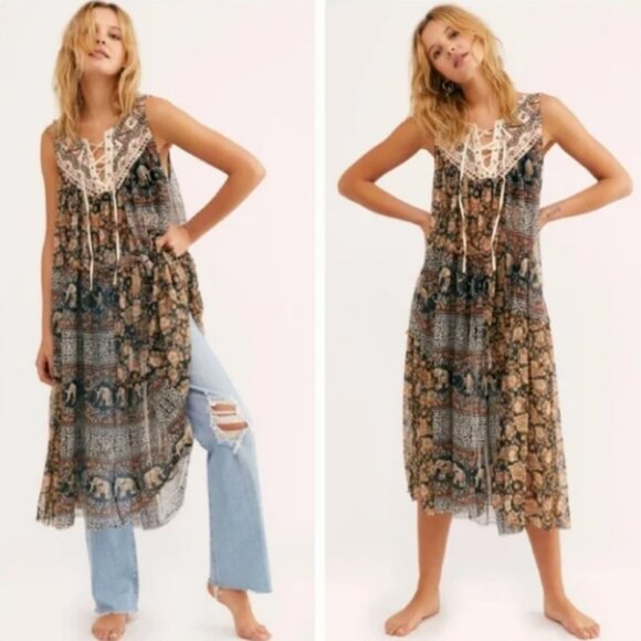 Free People The Wanderers Floral Elephant Mesh Tunic Top Dress S - Picture 1 of 8